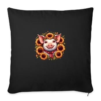 Pig with bow and sunflowers - Sofa pillowcase 17,3'' x 17,3'' (45 x 45 cm) - black - Front