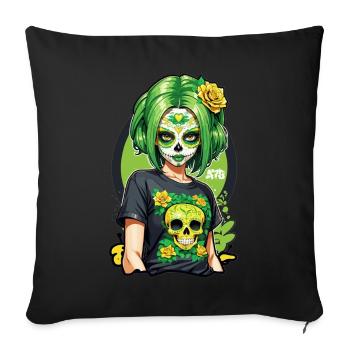 Sugar Skull Girl with Green Hair & Single Roses - Sofa pillowcase 17,3'' x 17,3'' (45 x 45 cm) - black - Front