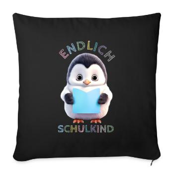 Niedlicher Pinguin mit Buch blau Endlich Schulkind - Sofakissenbezug 45 x 45 cm - Schwarz - Vorne