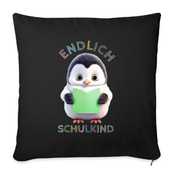 Niedlicher Pinguin mit Buch grün Endlich Schulkind - Sofakissenbezug 45 x 45 cm - Schwarz - Vorne