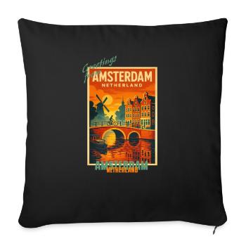 Illustration de voyage vintage à Amsterdam - Pays-Bas - Housse de coussin décorative 45 x 45 cm - noir - Devant