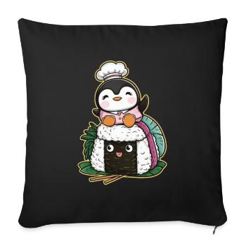 Pingouin kawaii avec boule de riz Onigiri - Housse de coussin décorative 45 x 45 cm - noir - Devant