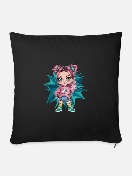 Niedliches Cartoon Mädchen mit Einhorn Hoodie - Sofakissenbezug 45 x 45 cm - Schwarz
