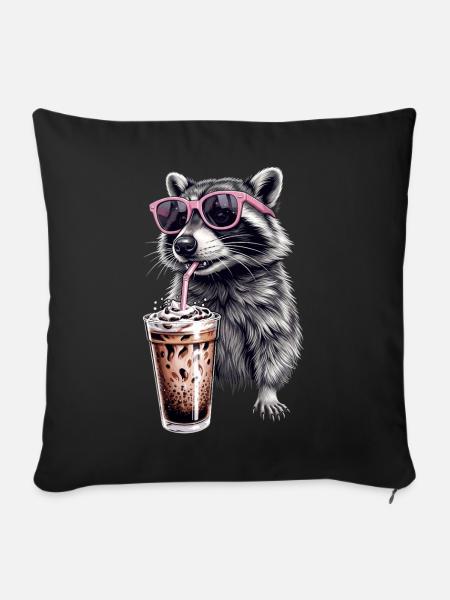 Waschbär Eiskaffee - Sofakissenbezug 45 x 45 cm - Schwarz
