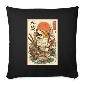 Corgi Japonais mangeant des Ramen - Style Ukiyo-e - Housse de coussin décorative 45 x 45 cm - noir - Devant