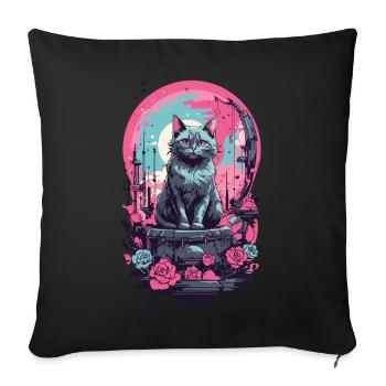 Gothic Pastel Cat with Moon and Roses - Sofa pillowcase 17,3'' x 17,3'' (45 x 45 cm) - black - Front