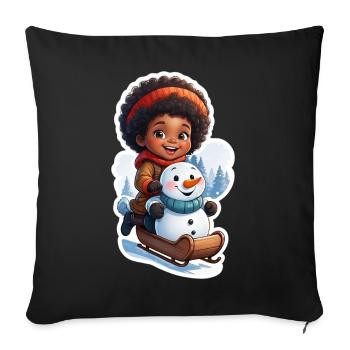 Kinderfreundlicher Schneemann auf Schlitten - Sofakissenbezug 45 x 45 cm - Schwarz - Vorne