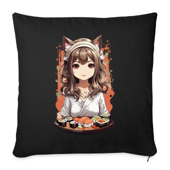 Kawaii Anime Chats Fille Sushi Design - Housse de coussin décorative 45 x 45 cm - noir - Devant