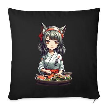 Kawaii Anime Sushi Girl avec des oreilles de chat Design - Housse de coussin décorative 45 x 45 cm - noir - Devant