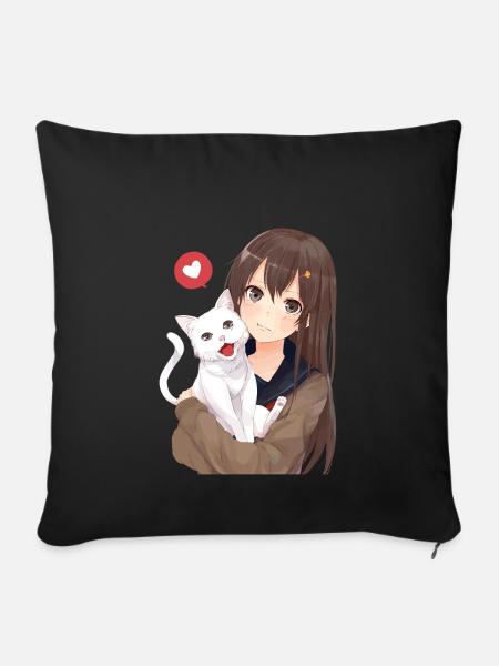 girl with cat - Sofakissenbezug 45 x 45 cm - Schwarz