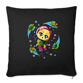 doux chat qui plonge avec des tortues - Housse de coussin décorative 45 x 45 cm - noir - Devant