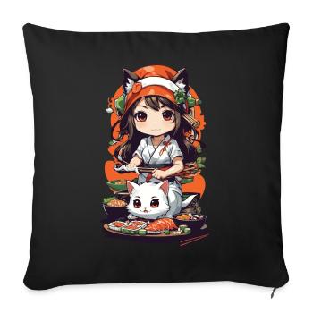 Kawaii Anime Sushi Kemomimi Master with Cat - Sofa pillowcase 17,3'' x 17,3'' (45 x 45 cm) - black - Front