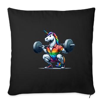 Licorne arc-en-ciel cool accroupie dans la salle de sport - Housse de coussin décorative 45 x 45 cm - noir - Devant