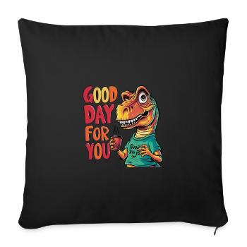 Design zeigt coolen Dino, der einen Kaffeebecher - Sofakissenbezug 45 x 45 cm - Schwarz - Vorne
