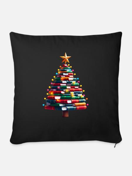 Bücher-Weihnachtsbaum mit Stern und Licht - Sofakissenbezug 45 x 45 cm - Schwarz