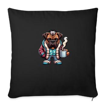 Bulldogge in Pyjama und Schal mit Kaffeetasse - Sofakissenbezug 45 x 45 cm - Schwarz - Vorne
