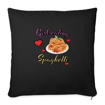 Fille mangeant des spaghettis, design drôle - Housse de coussin décorative 45 x 45 cm - noir - Devant