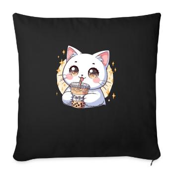 Mignon Kawaii Cat Boissons Bubble Tea Anime Cadeau - Housse de coussin décorative 45 x 45 cm - noir - Devant