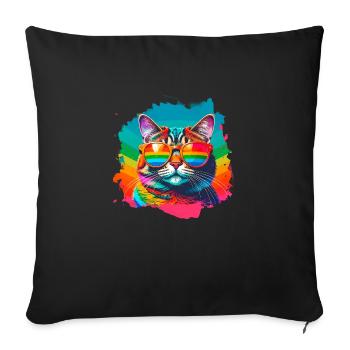 Chat, Lunettes De Soleil, LGTB, Arc-en-ciel, Coloré - Housse de coussin décorative 45 x 45 cm - noir - Devant