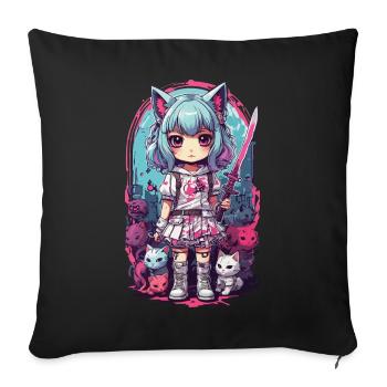 Kawaii samouraï chat fille Anime Otaku Design - Housse de coussin décorative 45 x 45 cm - noir - Devant