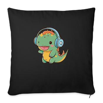 Kawaii Cute Happy Colorful Dino avec des écouteurs - Housse de coussin décorative 45 x 45 cm - noir - Devant