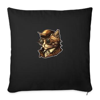 Chat Steampunk avec chapeau et lunettes - Housse de coussin décorative 45 x 45 cm - noir - Devant