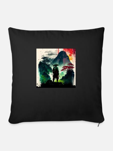 Samurai-Wassermalerei - Sofakissenbezug 45 x 45 cm - Schwarz