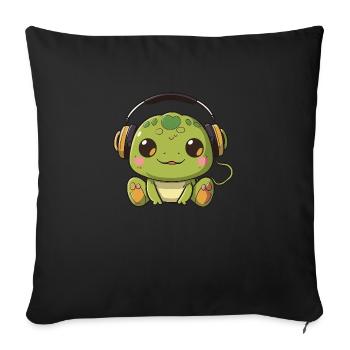 Kawaii Mignon Happy Colorful Frog avec écouteurs - Housse de coussin décorative 45 x 45 cm - noir - Devant