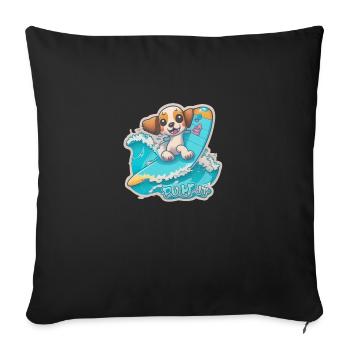 Puppy riding a surfboard with waves, "Surf pup" - Sofa pillowcase 17,3'' x 17,3'' (45 x 45 cm) - black - Front