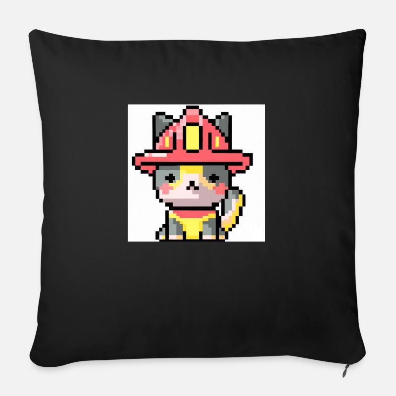 Pompier chat, Uniforme, Pixel Art - Housse de coussin décorative 45 x 45 cm - noir