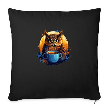 The eagle owl in front of his cup of coffee - Sofa pillowcase 17,3'' x 17,3'' (45 x 45 cm) - black - Front