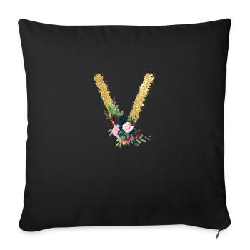 Lettre v gold floral - Housse de coussin décorative 45 x 45 cm - noir - Devant