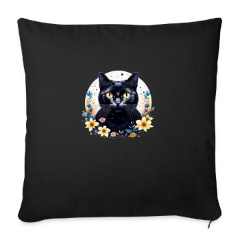 Cat with flowers and stars - Sofa pillowcase 17,3'' x 17,3'' (45 x 45 cm) - black - Front