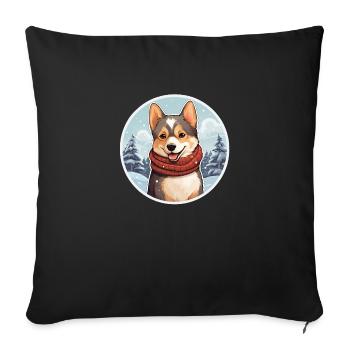 Chien dans le paysage d’hiver avec écharpe - Housse de coussin décorative 45 x 45 cm - noir - Devant