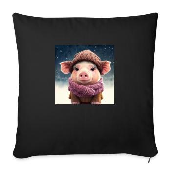 Porcelet mignon avec un must et une écharpe dans la neige - Housse de coussin décorative 45 x 45 cm - noir - Devant