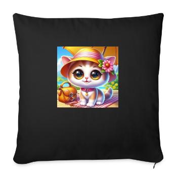 Chaton d’été mignon sur la plage avec un chapeau d’été - Housse de coussin décorative 45 x 45 cm - noir - Devant