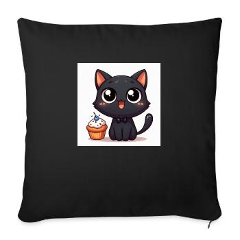Sweet Kitty Black avec Cupcake et Grands Yeux - Housse de coussin décorative 45 x 45 cm - noir - Devant