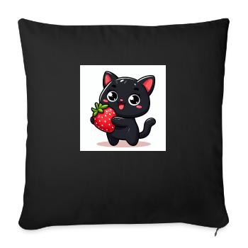 Sweet Kitty noir avec fraise et grands yeux - Housse de coussin décorative 45 x 45 cm - noir - Devant
