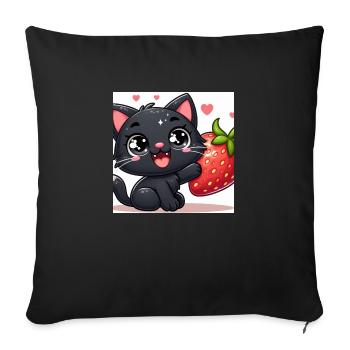 Sweet Kitty Noir avec une grande fraise et des yeux - Housse de coussin décorative 45 x 45 cm - noir - Devant