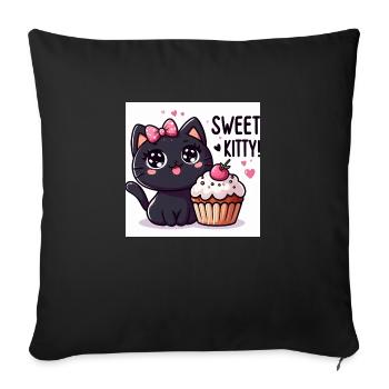 Sweet Kitty Noir avec boucle rose et cupcake - Housse de coussin décorative 45 x 45 cm - noir - Devant