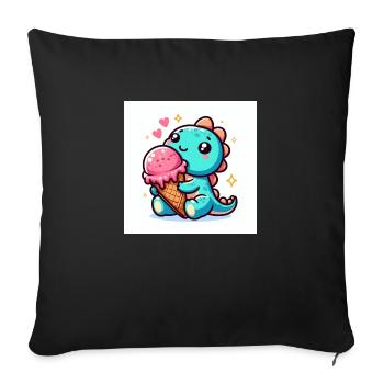 Dino turquoise petit avec cornet de crème glacée et coeurs - Housse de coussin décorative 45 x 45 cm - noir - Devant