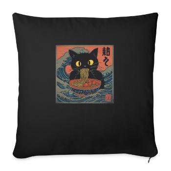 Chat Ramen Vieux Vintage Japonais Drôle Cadeau - Housse de coussin décorative 45 x 45 cm - noir - Devant