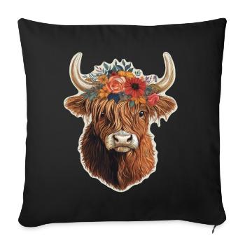Bovins Highland avec fleurs - Housse de coussin décorative 45 x 45 cm - noir - Devant