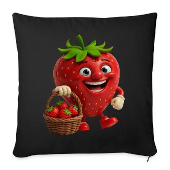 Erdbeere mit Gesicht - Sofakissenbezug 45 x 45 cm - Schwarz - Vorne