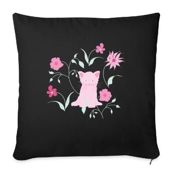 Un chat mignon avec des fleurs et des plantes. - Housse de coussin décorative 45 x 45 cm - noir - Devant