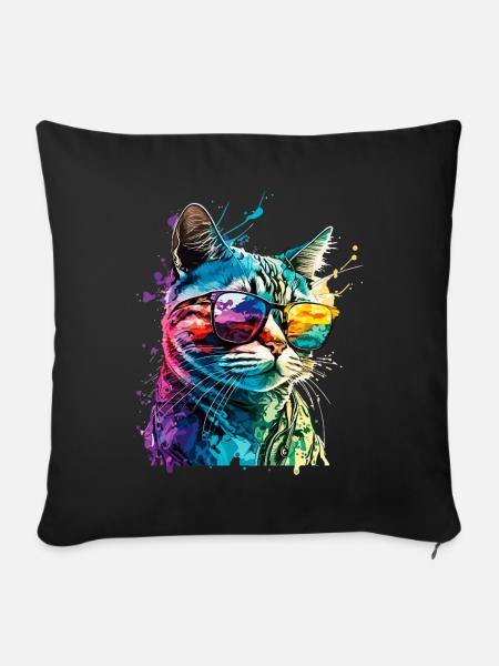 Katze Sonnenbrille Cool Splash Bunt Farbenfroh - Sofakissenbezug 45 x 45 cm - Schwarz