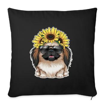 Motif de tournesol estival avec de doux Pékinois. - Housse de coussin décorative 45 x 45 cm - noir - Devant