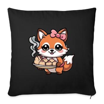 Dessin animé Kawaii Renard avec des boulettes farcies - Housse de coussin décorative 45 x 45 cm - noir - Devant