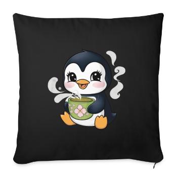 Cartoon kawaii penguin with green tea - Sofa pillowcase 17,3'' x 17,3'' (45 x 45 cm) - black - Front