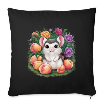 Dessin animé Kawaii Chinchilla avec des roses et de la pêche - Housse de coussin décorative 45 x 45 cm - noir - Devant